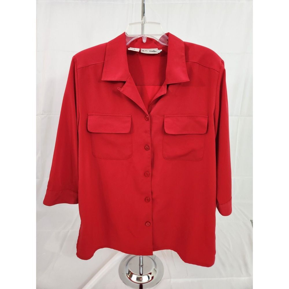 KC Studio Red Button Down Blouse Size 14 3/4 Sleeve Utility Pocket Career Top